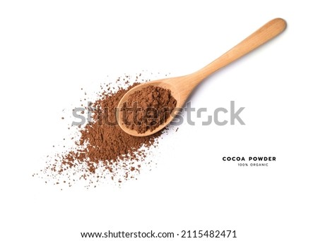 Top view of Cocoa powder in wooden spoon isolated on white background. 