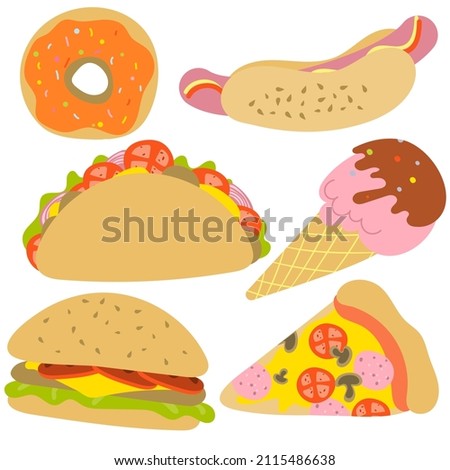 Street Food Set. Vector set of street food in cartoon style. Donut, hot dog, taco, burger, ice cream, pizza. For print, web design.