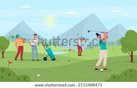 Group playing golf. People on green fields hit ball with sticks, driven in holes, sports outdoor game, mountain landscape, summer outdoor activity, vector cartoon flat isolated concept Royalty-Free Stock Photo #2115488471