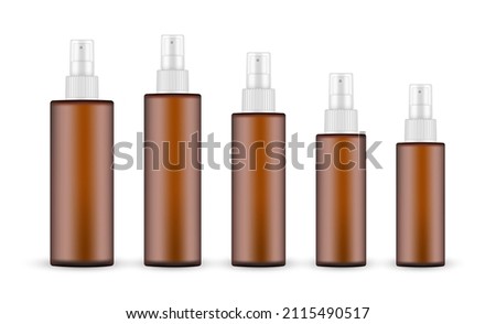 Set of Amber Spray Bottle Mockup With Transparent Cap, Various Sizes, Isolated on White Background. Vector Illustration