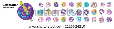 A set of festive stickers for a birthday, a baby shower or any holiday. The character is a cute cartoon unicorn.