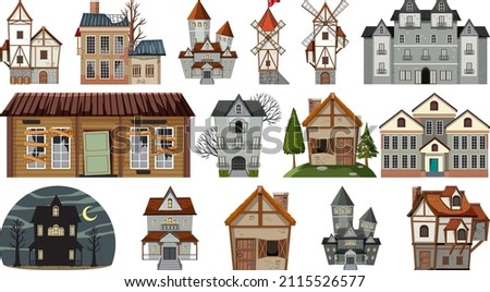 Set of abandoned houses and buildings illustration