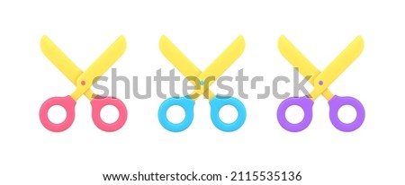 Collection multicolored scissors with rings handles and sharp blade for cutting, chopping, slicing 3d icon isometric vector illustration. Set of equipment for stylist work hairdressing or barbershop