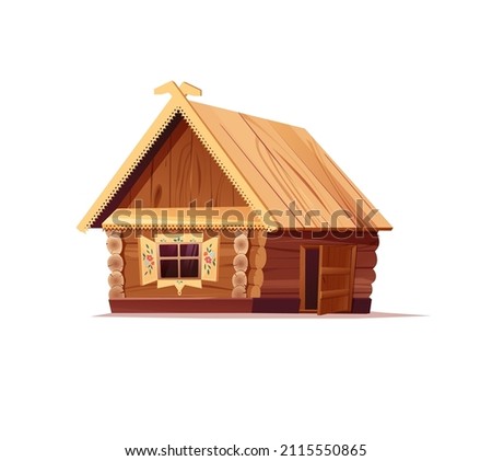 Traditional Russian hut, old wooden house. Window with shutters.  Cartoon vector illustration for 2d game. Royalty-Free Stock Photo #2115550865
