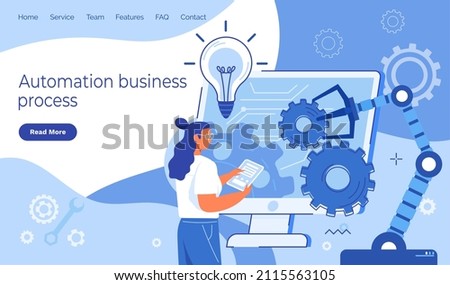 Industrial automated arm for business process automation. Production machine, mechanical industrial automate. Businesswoman working with business automation, modern technical equipment for startup Royalty-Free Stock Photo #2115563105