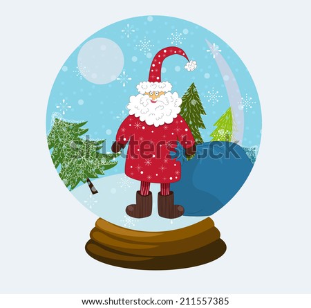 Snow globe with Santa Claus walking with a bag full of presents. Christmas character. Vector illustration