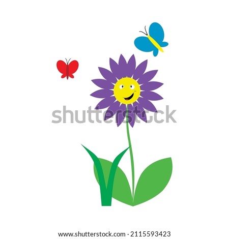Illustration of Happy Flower Mascot with Butterfly on a white background