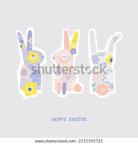 Quirky bloomy flourish bunny vector illustration. Happy Easter phrase. Cute rabbits Whimsical Easter postcard design with wordplay.