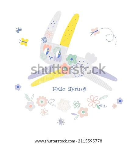 Whimsy flourish bunny hopping in flowers with butterly vector illustration isolated on white. Hello Spring phrase. Dreamlike rabbit groovy spring kid-like print.
