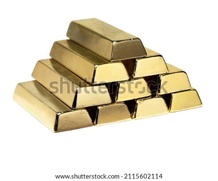 gold bars of the highest standard are stacked in a pyramid like a treasure on a white background