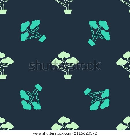 Green and beige Japanese bonsai tree icon isolated seamless pattern on blue background. Japanese culture, horticulture, olericulture hobby concept.  Vector