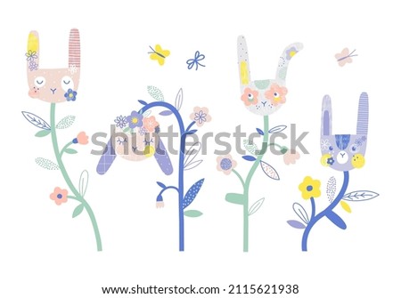Bunny heads as flowers and butterfly in dreamlike garden vector illustration set isolated on white. Abstract childish Easter floral print for nursery or baby fashion.