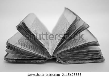 An Old Book Is Lying Flat On Both Covers Displaying A Bouquet Of Pages Opened Forming A Half Circle Within The Frame. Words are legible from the tops of the pages. Royalty-Free Stock Photo #2115625835