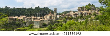 Panorama of the old town of Rupit in Catalonia.  Royalty-Free Stock Photo #211564192