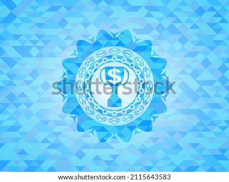 trophy with money symbol inside icon inside light blue mosaic emblem. 