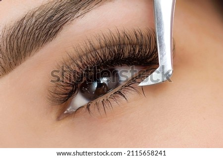 Extension of the lower eyelashes. a young woman undergoes a close-up eyelash extension procedure. Tweezers. Down below Royalty-Free Stock Photo #2115658241