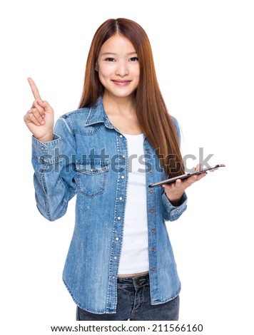 Woman hold tablet and finger up