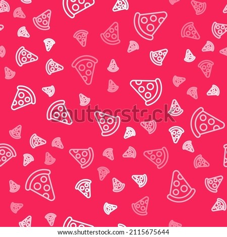 White line Slice of pizza icon isolated seamless pattern on red background. Fast food menu.  Vector