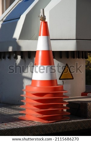 Traffic cones on a transport vehicle