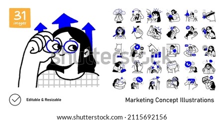Digital Marketing illustrations. Mega set. Collection of scenes with men and women taking part in business activities. Trendy vector style Royalty-Free Stock Photo #2115692156