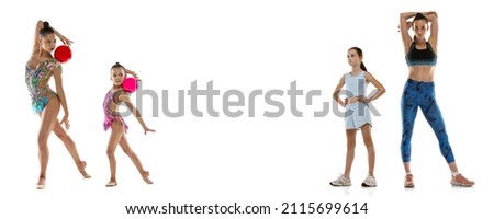 Collage of professional rhytmic gymnasts, running athletes, child and young woman practising, training isolated over white background. Concept of action, motion, sport life, motivation, competition