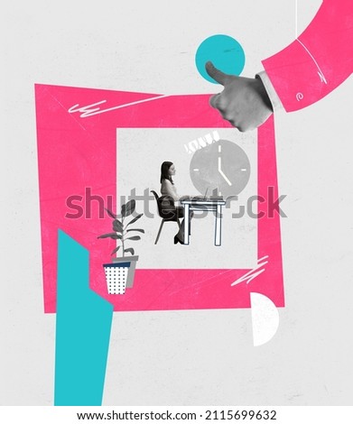 Creative design. Contemporary art collage. Businesswoman working on laptop at home. Hand showing like gesture symbolizing approval. Concept of business, promotion, teleworking, online cooperation
