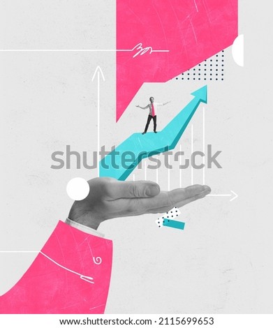 Creative design. Contemporary art collage. Hand holding big analitics arrow with employee symbolizing career growth. Working chart. Concept of promotion, business, progress line, strategy