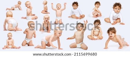 Collage of babies, boy and girl in diaper, playing, posing, sitting isolated over white studio background. Concept of childhood, motherhood, family, health, care. Copy space for ad Royalty-Free Stock Photo #2115699680