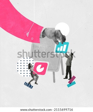 Contemporary art collage. Employees working together on business project, making profitable strategy. Concept of business, success, career growth, cooperation, assistance, working conditions and ad. Royalty-Free Stock Photo #2115699716