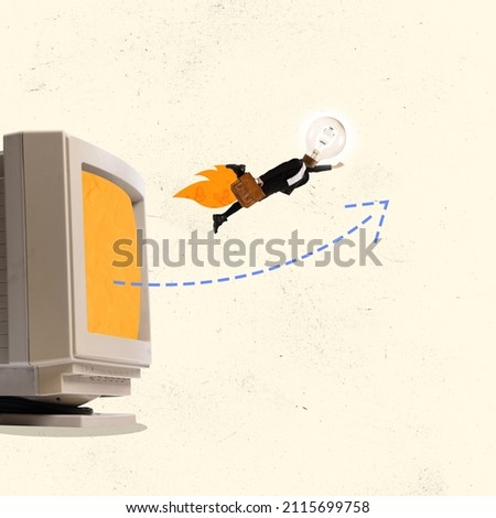 Creative design. Contemporary art collage. Businesswoman breaking through computer screen, flying to success and promotion with new business ideas. Concept of e-commerce, financial growth Royalty-Free Stock Photo #2115699758