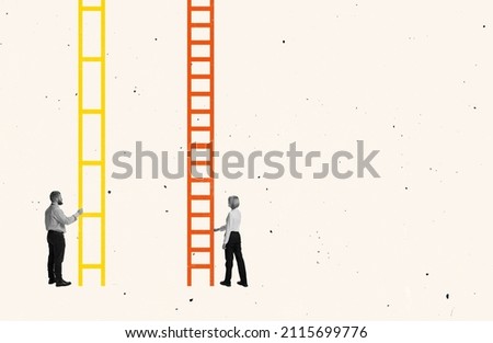 Contemporary art collage. Man and woman standing near ladder of success with unequal steps symbolizing gender discrimination. Different business opportunities. Concept of business, success, promotion