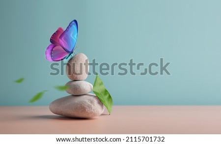 Harmony of Life Concept. Surrealist Butterfly on the Pebble Stone Stack. Metaphor of Balancing Nature and Technology. Calm, Mind, Life Relaxing and Living by Nature Royalty-Free Stock Photo #2115701732