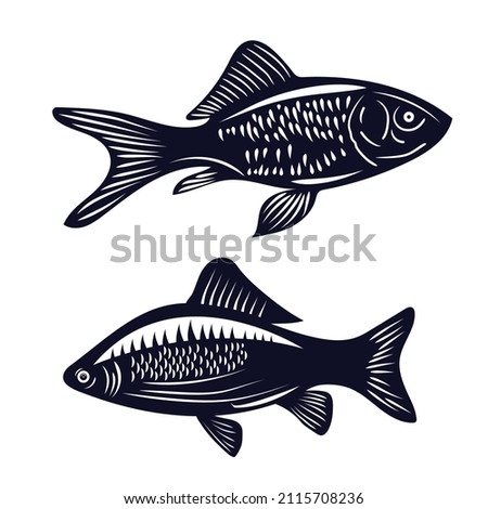 Fish vector silhouettes black on white. Set of marine animals in monochrome style illustration