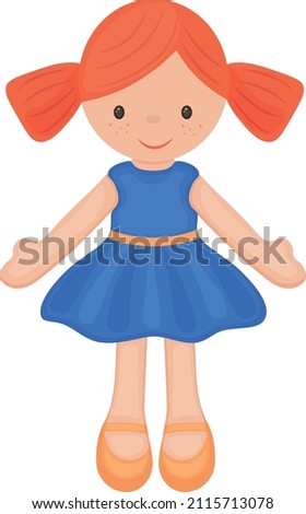 Doll. Cute children s toy with red hair. A doll in a beautiful dress. Vector illustration isolated on a white background Royalty-Free Stock Photo #2115713078