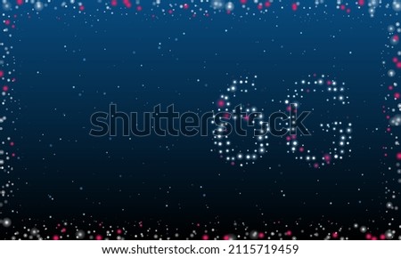 On the right is the 6G symbol filled with white dots. Pointillism style. Abstract futuristic frame of dots and circles. Some dots is pink. Vector illustration on blue background with stars