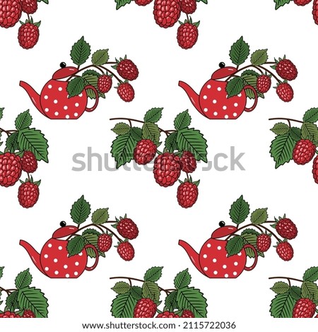 Vector summer pattern. Raspberries, tea.