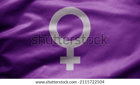 Woman gender sign with purple blowing soft silk. Feminism symbol concept of girl power flag waving on wind. Women resist feminism motivational slogan. Royalty-Free Stock Photo #2115722504