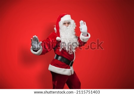 Photo of funny fat santa claus wear red hat smiling