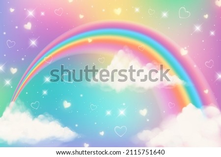 Holographic fantasy rainbow unicorn background with clouds. Pastel color sky. Magical landscape, abstract fabulous pattern. Cute candy wallpaper. Vector. Royalty-Free Stock Photo #2115751640