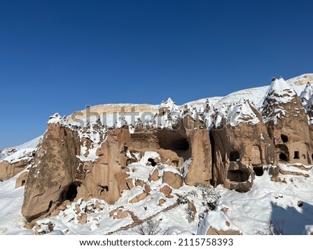 Spectacular view of Cappadocia Turkey in winter. Spectacular pictures of historical open air museum. Amazing cave house. Nevşehir - Turkey