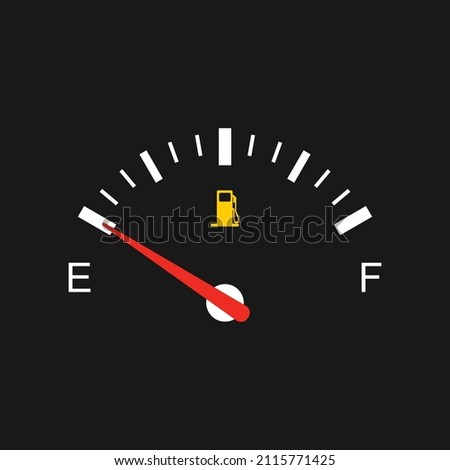 Fuel gauge with warning to indicate low fuel level. Vector illustration of classic gas tank indicator on car dashboard panel. Empty tank of gasoline. Yellow fuel check light. Royalty-Free Stock Photo #2115771425