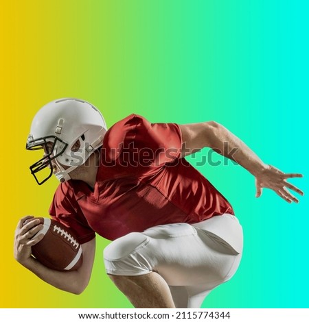American football sportsman player with ball in action on gradient multicolored neon background, footballer in white helmet and red t-shirt ready to play.
