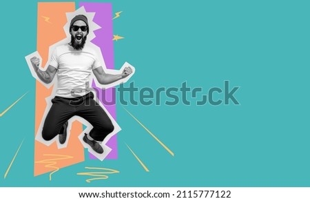 Crazy hipster guy emotions. Jumping, running man. Collage in magazine style. Discount, sale, season sales, copyspace for ad. Colorful summer concept. Facial expression concept. Royalty-Free Stock Photo #2115777122