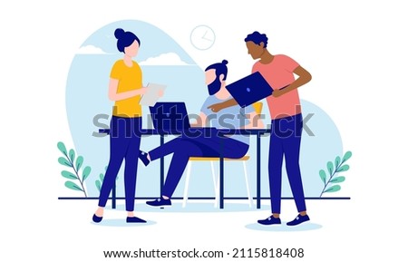 Casual teamwork - Diverse team of people working together with computers. Flat design vector illustration with white background Royalty-Free Stock Photo #2115818408