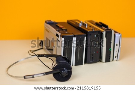 vintage old player 70s 1990 90s 80s walkman japan cassette recorder cult mid century retro design background isolated misic play set devices 3D model hip hop rap pop headphones dj stereo audio Royalty-Free Stock Photo #2115819155