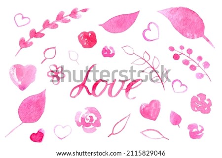 Pink flower, leaves, branches and hearts. Set of watercolor hand draw illustration. Suitable for cards or invitations. Isolated on white background.