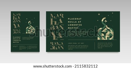 Marhaban Ya Ramadhan Greeting with hand lettering calligraphy and illustration. translation: "Welcome Ramazan, Muslim holy month". Islamic greeting background can use for Eid Mubarak Royalty-Free Stock Photo #2115832112