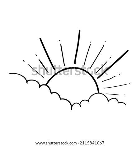 Sun and Cloud drawing in engraving outline style. Vector illustration isolated on white