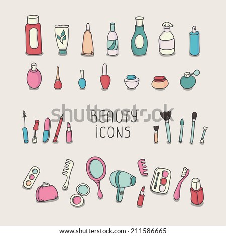 Set of vintage cosmetics elements and beauty products icons. Makeup. Beautiful vector illustration.  