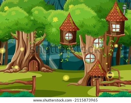 Fantasy forest background with tree houses illustration